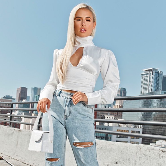 PrettyLittleThing Tops - NWT WHITE SATIN HIGH NECK CROP TOP